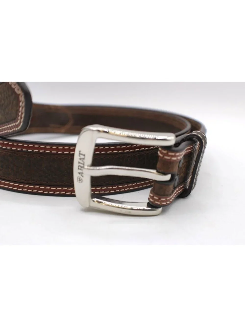 Ariat Mens 46 Two Tone Brown Genuine Leather Belt Double Stitching Silver Buckle